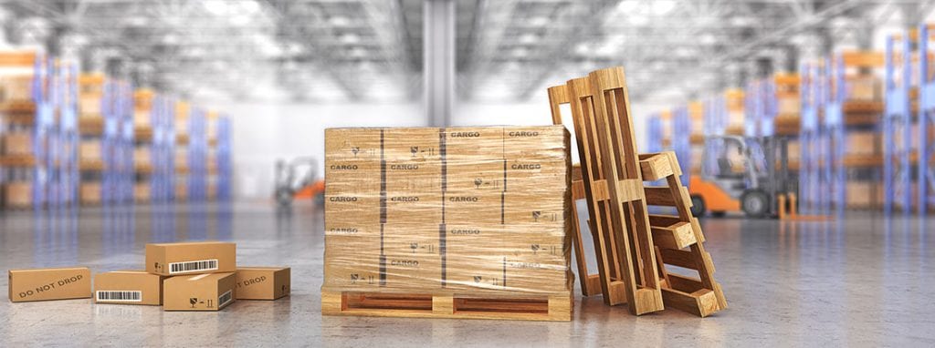 Wrapped cargo pallet in warehouse